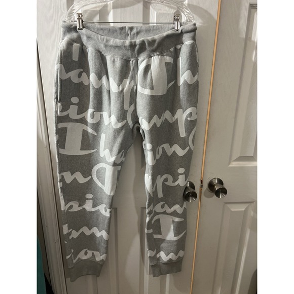 Champion Sweatpants Mens XL Gray Reverse Weave Script AOP Athletic Jogger - Picture 1 of 3